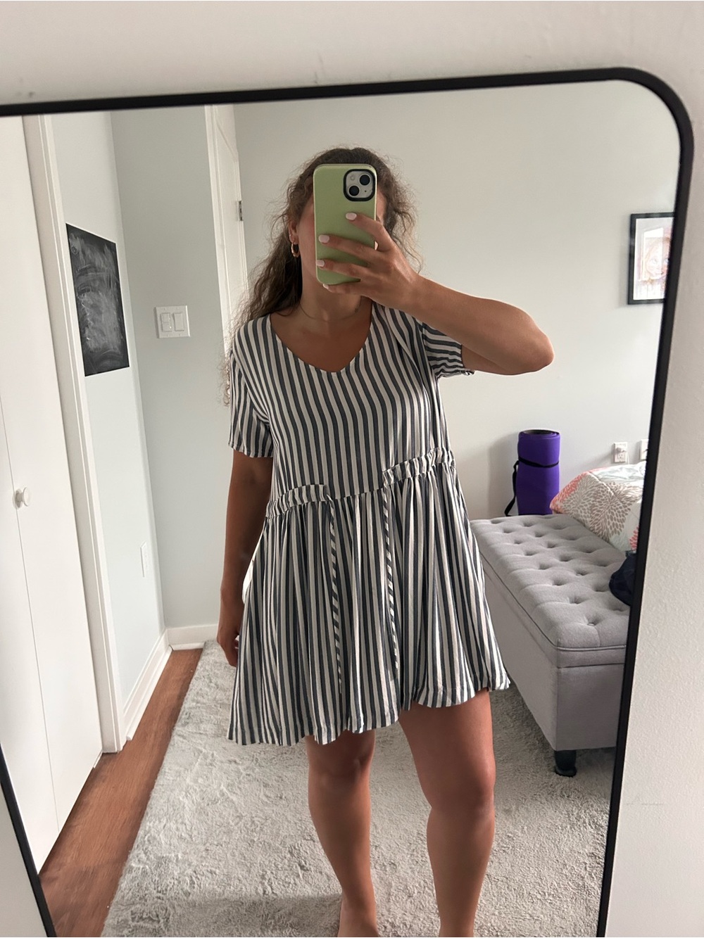 V-Neck Blue & White Striped Tie Dress